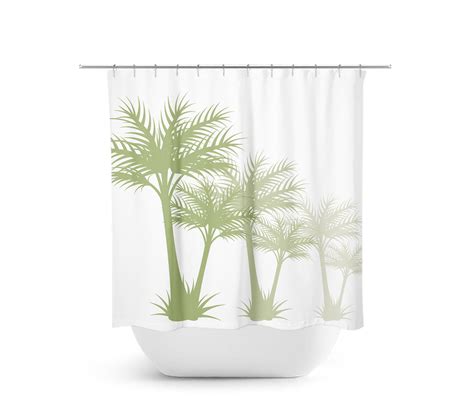 White And Green Palm Tree Shower Curtain Tropical Bathroom Etsy