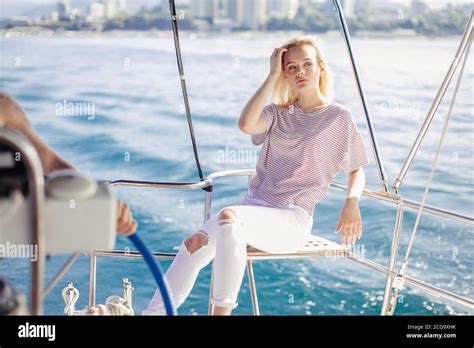 Holiday On A Sailing Yacht Amazing Blonde Girl Travelling On Yacht In Carribean Sea Stock Photo
