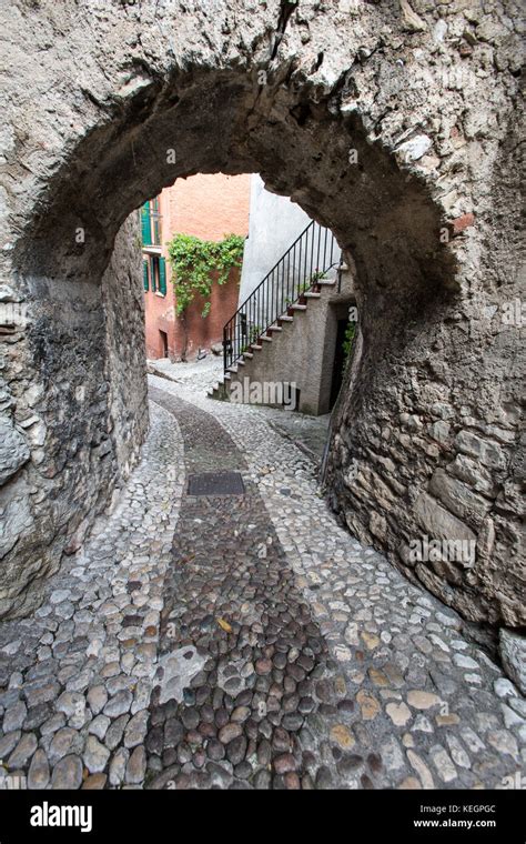 Town Of Malcesine Lake Garda Italy Picturesque View Of A Cobbled