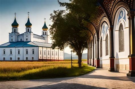 Premium Ai Image A Church With A Blue Roof And A Red And White