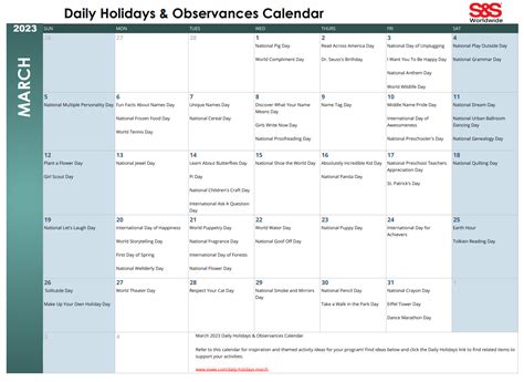 March Daily Holidays & Observances Printable Calendar - S&S Blog