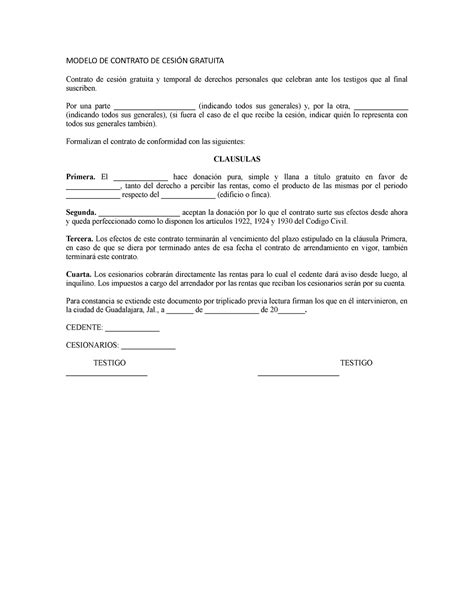 Modelo DE Contrato DE CesiÓn Gratuita MODELO DE CONTRATO DE CESIÓN