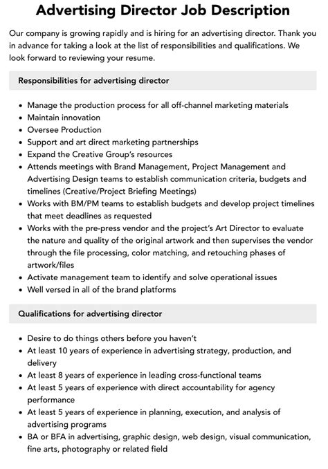 Advertising Director Job Description Velvet Jobs