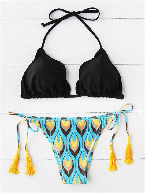 Feather Print Tassel Tie Triangle Bikini Set SheIn Sheinside