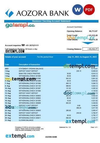 Aozora Bank Organization Checking Account Statement Word And PDF Template