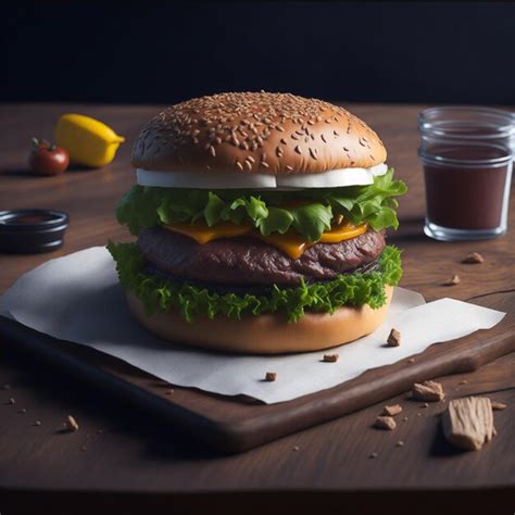 Una Hamburguesa Con Queso Y Lechuga Se Asienta Sobre Una Mesa Foto