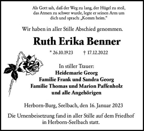 Traueranzeigen Von Ruth Erika Benner Vrm Trauer De