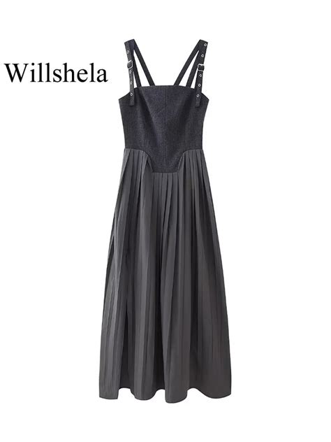 Willshela Women Fashion Grey Pleated Backless Zipper Midi Dress Vintage