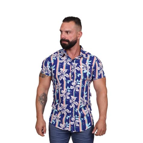 Camisa Masculina Slim Manga Curta Viscose Floral