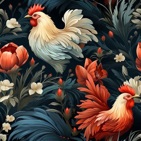 Premium Photo There Are Two Roosters Standing In A Field Of Flowers