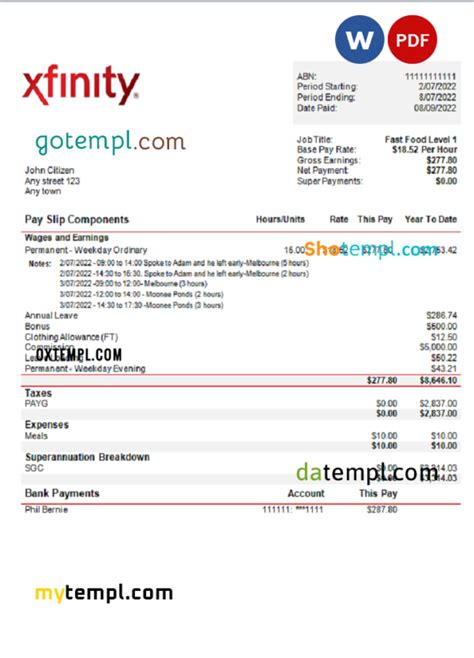 Usa Xfinity Broadasting Company Pay Stub Word And Pdf Template