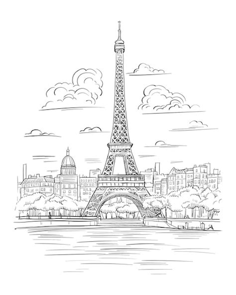 Dibujo En Blanco Y Negro De La Torre Eiffel Vector Premium