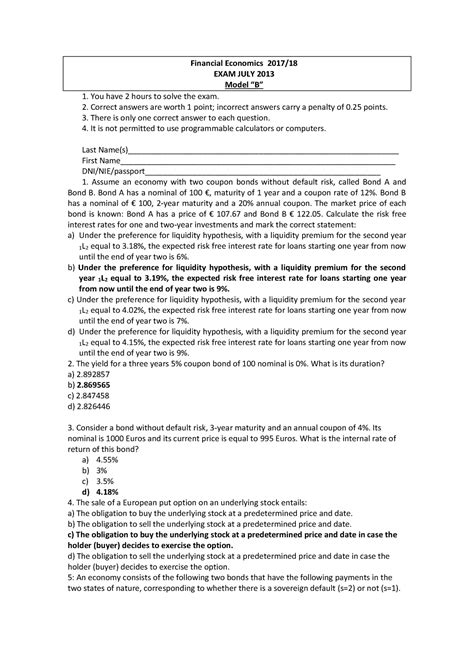 Examen Junio 2013 Preguntas Y Respuestas Financial Economics 2017 18