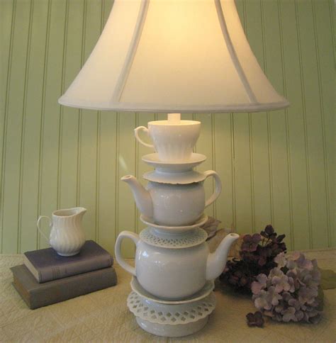 White Stacked Teapot Lamp Tea Cup and Reticulated by ThistleandJug