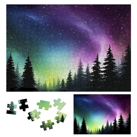 Jrxy Aurora Borealis Trees Night Sky Wooden Jigsaw Puzzle Challenging