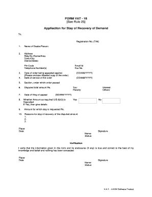 Fillable Online FORM VAT 18 See Rule 25 Appliaction For Stay Of