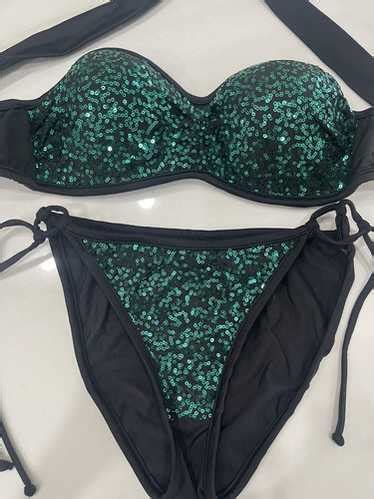 Venus Black Teal Sequin Sparkly Bikini U W Top Sz B Gem