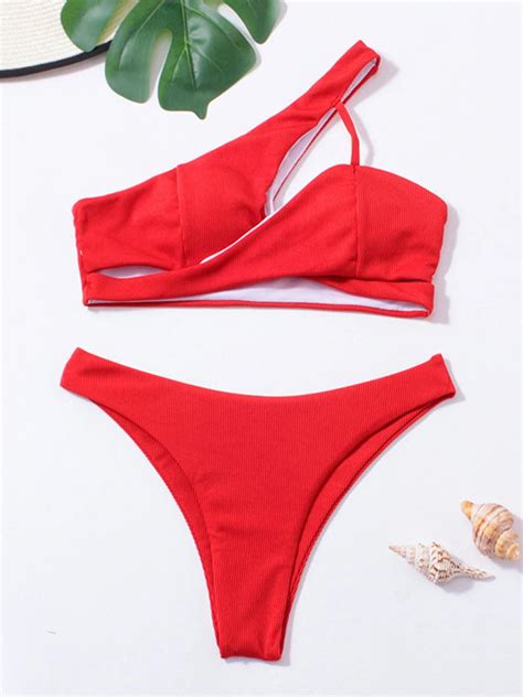 Solid Ribbed One Shoulder Bikini Set Basic Swimsuit Dressbetty