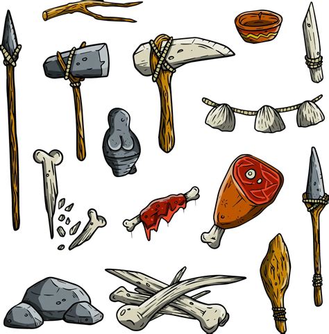 Set Of Items Of Primitive Man And Hunter Weapons Of Caveman Stone Age