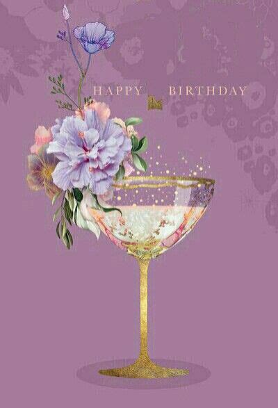 A Happy Birthday Card With Flowers In A Wine Glass On A Purple