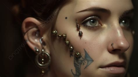 Fond Femme Avec Des Tatouages Sur Son Visage Et Des Piercings Montrant