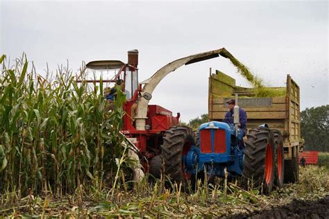 Two Men Are Working In A Corn Field On A Tractor With An Overloaded