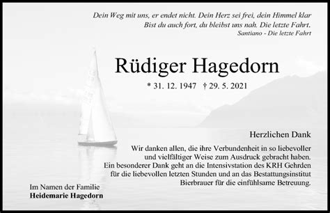 Traueranzeigen von Rüdiger Hagedorn trauer anzeigen de