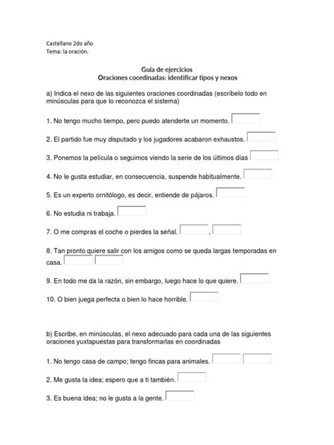 Guía De Ejercicios Oraciones Compuestas Coordinadas Pdf