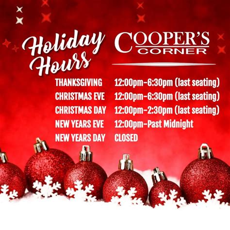 Holiday Hours - Coopers Corner Restaurant