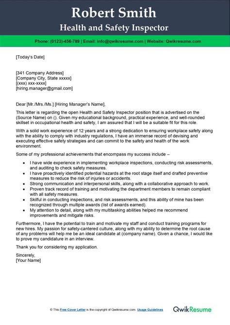 Health And Safety Inspector Cover Letter Examples Qwikresume