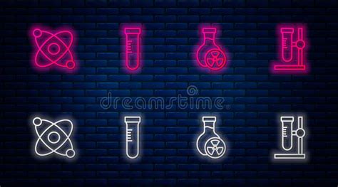 Set Line Test Tube With Toxic Liquid Atom And Flask On Stand Glowing