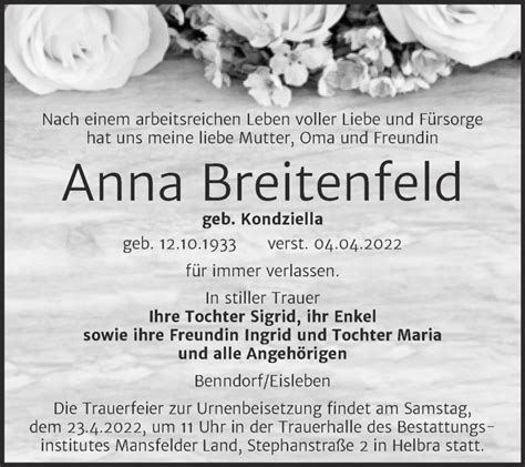 Traueranzeigen Von Anna Breitenfeld Abschied Nehmen De