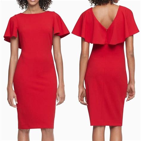 Calvin Klein Dresses Nwt Calvin Klein Red Stretch Crepe Flutter Sleeve Cape Dress Poshmark