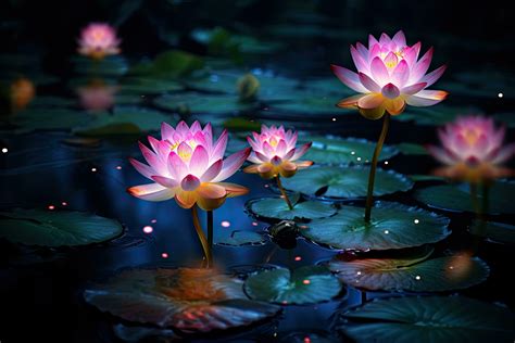 Beautiful lotus flower blooming in the pond at night, glowing lotus flowers, AI Generated ...