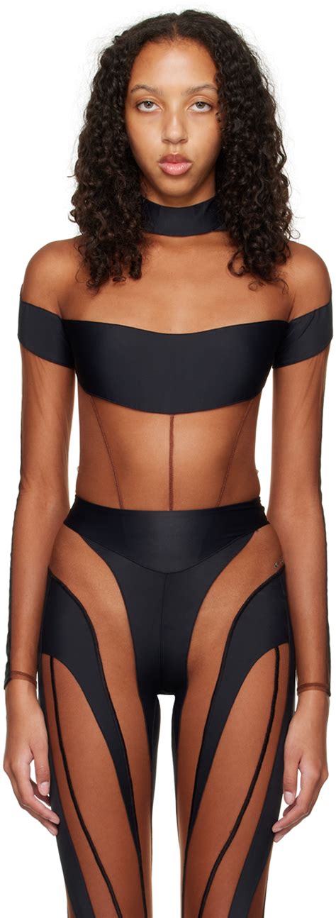 Black Illusion Sheer Bodysuit by Mugler on Sale