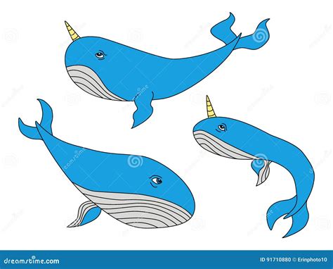 Cute Hand Drawn Cartoon Characters Of Narwhal Whales Stock Vector