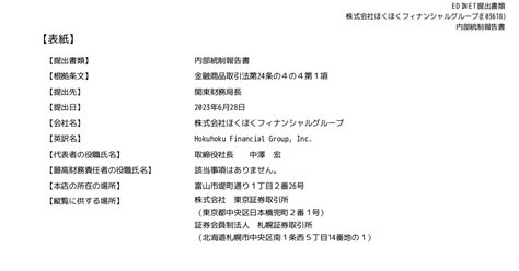 ほくほくフィナンシャルグループ[8377]：内部統制報告書－第20期 2022 04 01－2023 03 31 有価証券報告書 ：日経会社情報digital：日本経済新聞