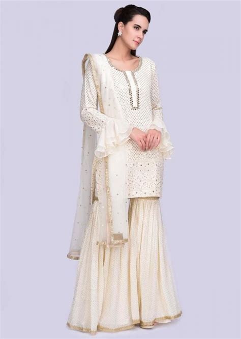 Off White Sharara Suit Set In Georgette With Thread Embroidery Online