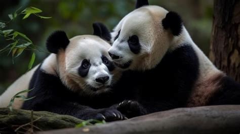 Premium Ai Image Two Giant Pandas Cuddling Together In Their Enclosure