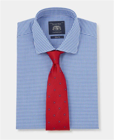 Mens Blue Slim Fit Poplin Gingham Formal Shirt With Single Cuffs