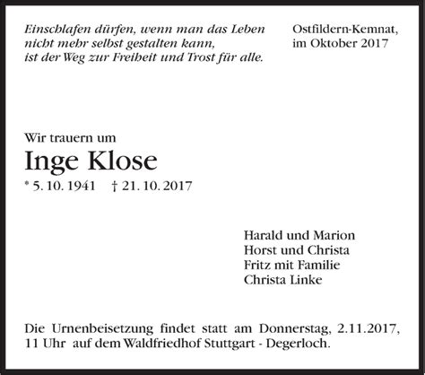 Traueranzeigen Von Inge Klose Stuttgart Gedenkt De