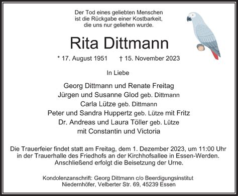 Traueranzeigen Von Rita Dittmann Trauer In NRW De