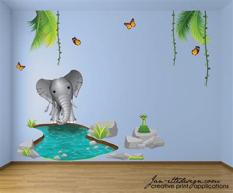 Jungle Decor, Large Jungle Wall Decals, Elephant at the Watering Hole ...