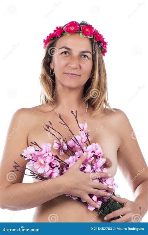 Woman Nude Holding Pink Flowers Stock Image Image Of Model Femininity 215452783