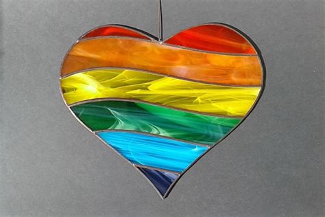 Rainbow Heart Art Stained Glass Window Hanging Suncatcher Etsy