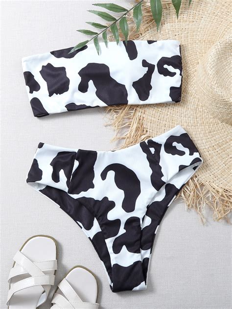 Shein Swim Vcay Cow Print Rib Bandeau Bikini Swimsuit Shein Usa