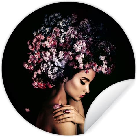 Muurstickers Vrouw Bloemen Roze Portret Behangsticker