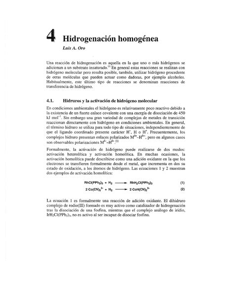 Texto 4 Conceptos De Hidrogenacion Luis A Oro Una Reacción De Hidrogenación Es Aquella En