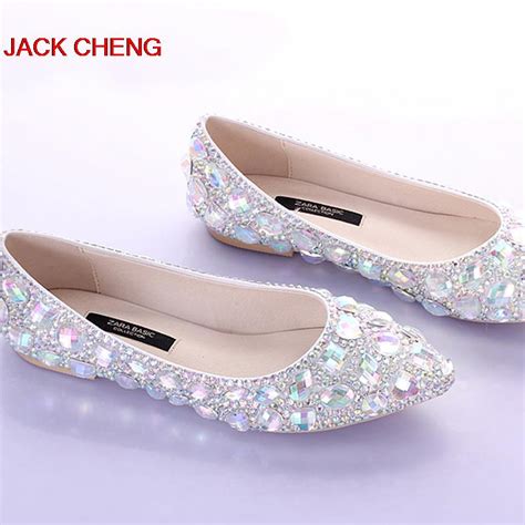 Silver Crystal Flat Heels Wedding Shoes Pointed Toe Bridal Dress Shoes ...