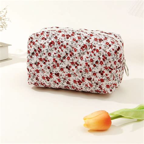 Cosmetic Pouch Floral Puffy Quilted Makeup Bag Toiletry Handbag Women